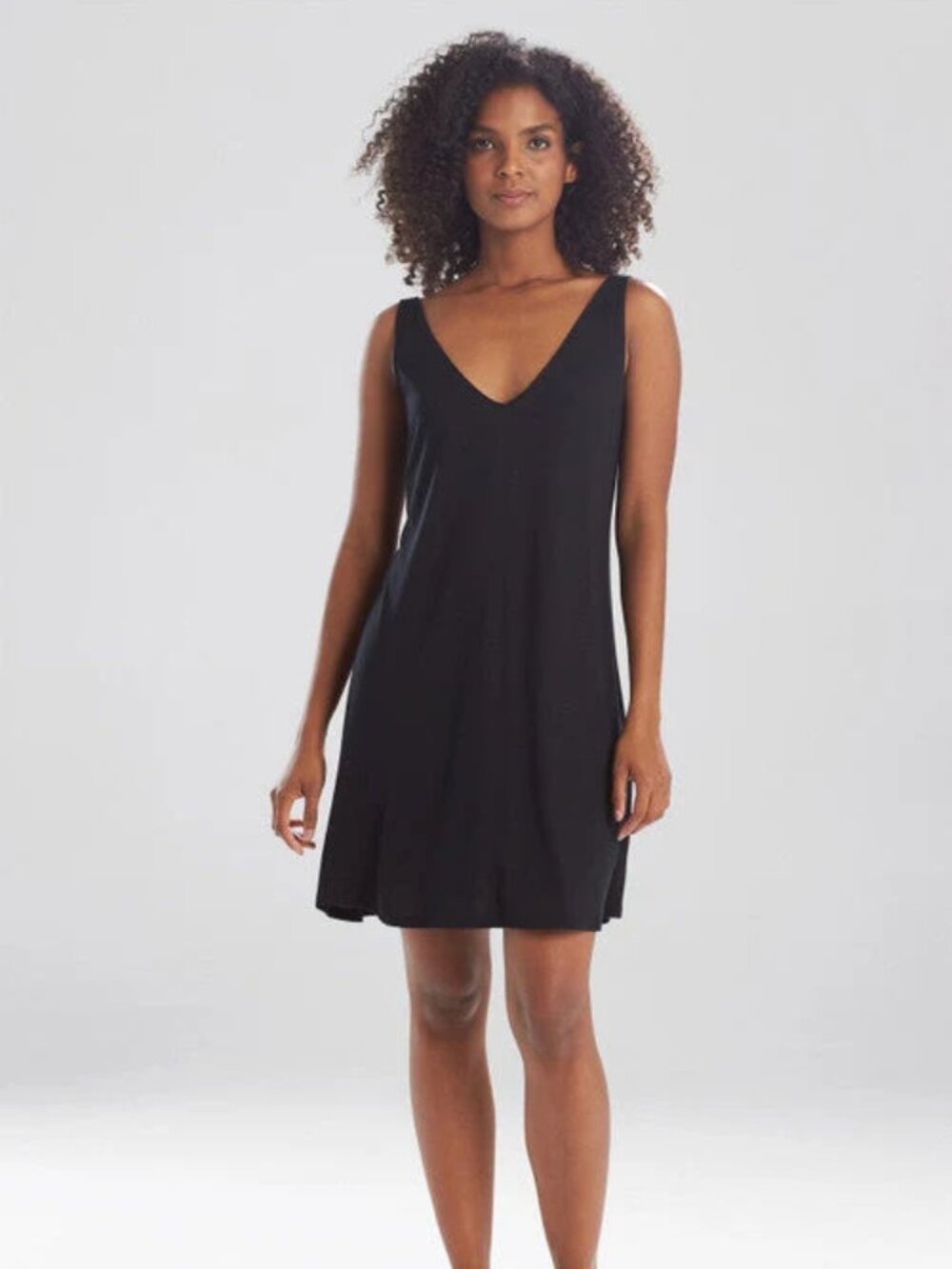 Natori Shangri-La TENCEL V-Neck Chemise Sz Large, Black | Modal Blend Jersey